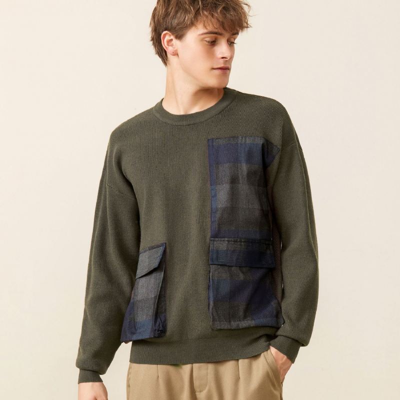 Ungdom Symmetrisk Plaid Stor Lomme Dekoreret Sweater Mænd