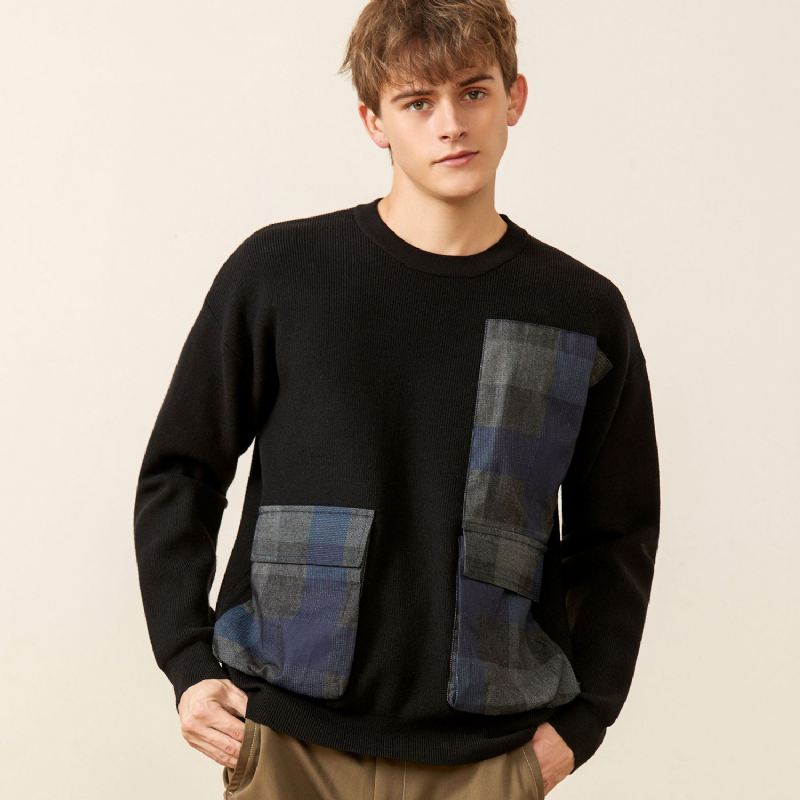 Ungdom Symmetrisk Plaid Stor Lomme Dekoreret Sweater Mænd