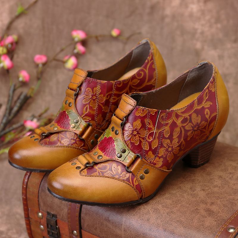 Cowgirl Håndmalet Retro Blomstermønster Nitte Ægte Læder Med Lav Hæl Slip-on Pumper