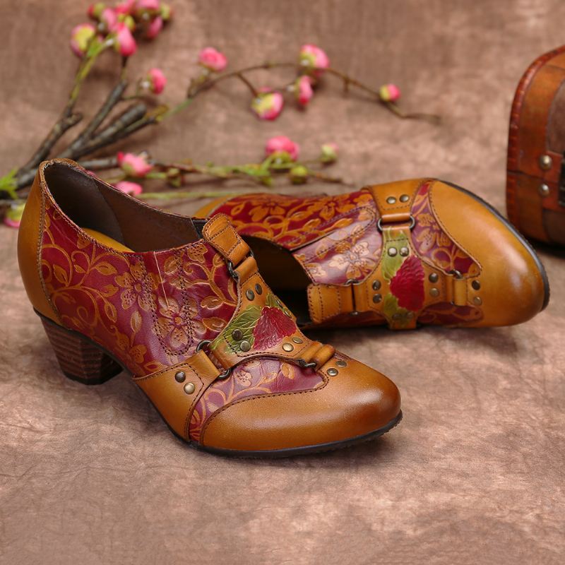 Cowgirl Håndmalet Retro Blomstermønster Nitte Ægte Læder Med Lav Hæl Slip-on Pumper