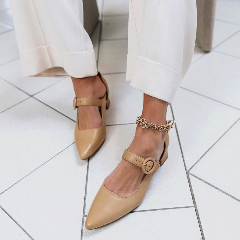 Kvinder Elegant Spidstå Ensfarvet Ankelspænde Slip-on Chunky Heel Pumps