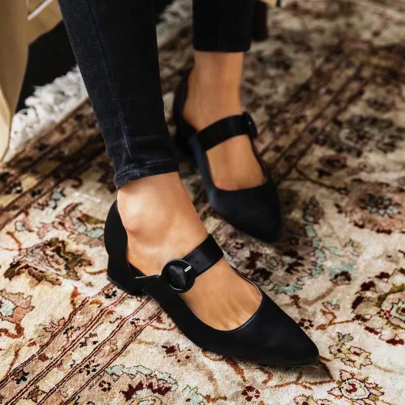 Kvinder Elegant Spidstå Ensfarvet Ankelspænde Slip-on Chunky Heel Pumps