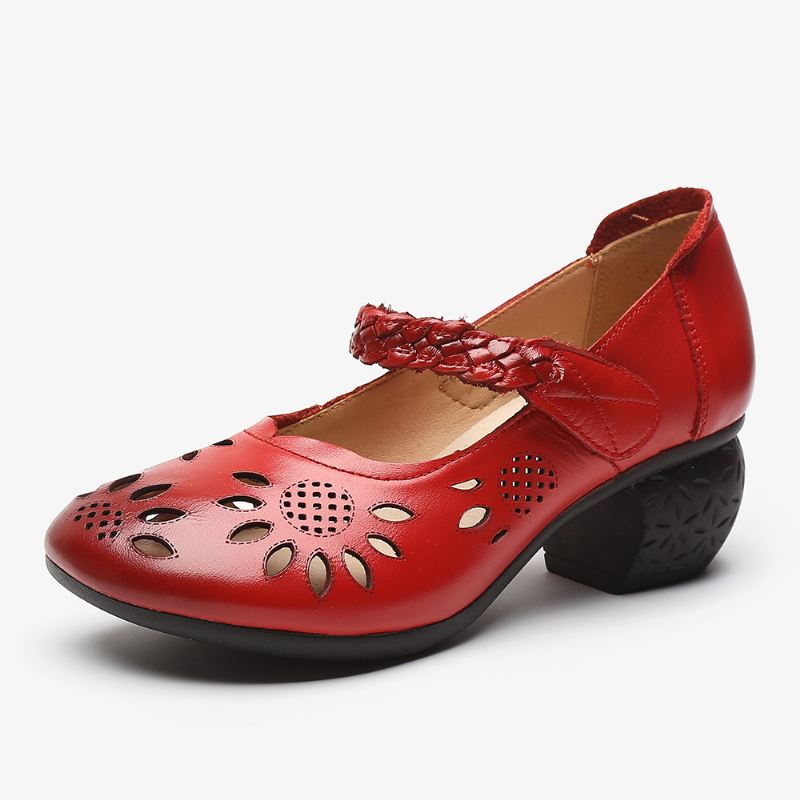 Læderudskæring Floral Flettet Justerbar Ankelrem Chunky Heel D'orsay Pumps