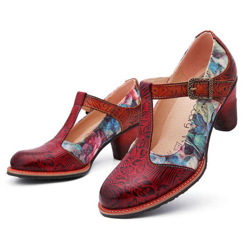 Retro Ægte Læder Blomster Prægede Blade T-strop Chunky Heel Pumps