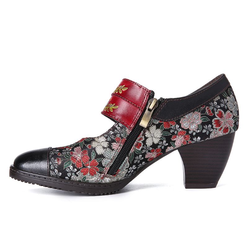 Retro Blomster Printing Perle Spænde Strap Ægte Læder Lav Heel Lynlås Pumps