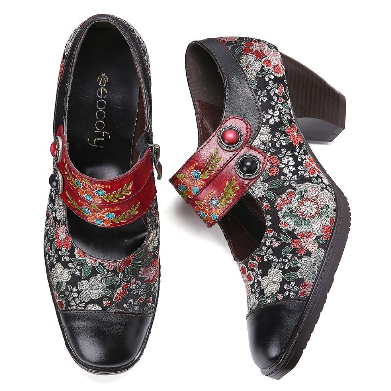 Retro Blomster Printing Perle Spænde Strap Ægte Læder Lav Heel Lynlås Pumps