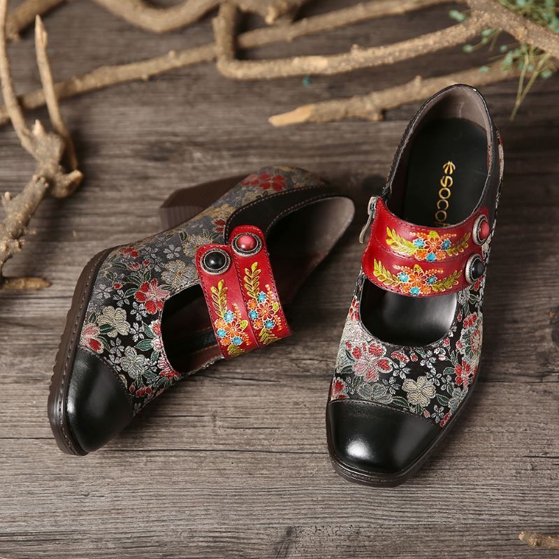 Retro Blomster Printing Perle Spænde Strap Ægte Læder Lav Heel Lynlås Pumps