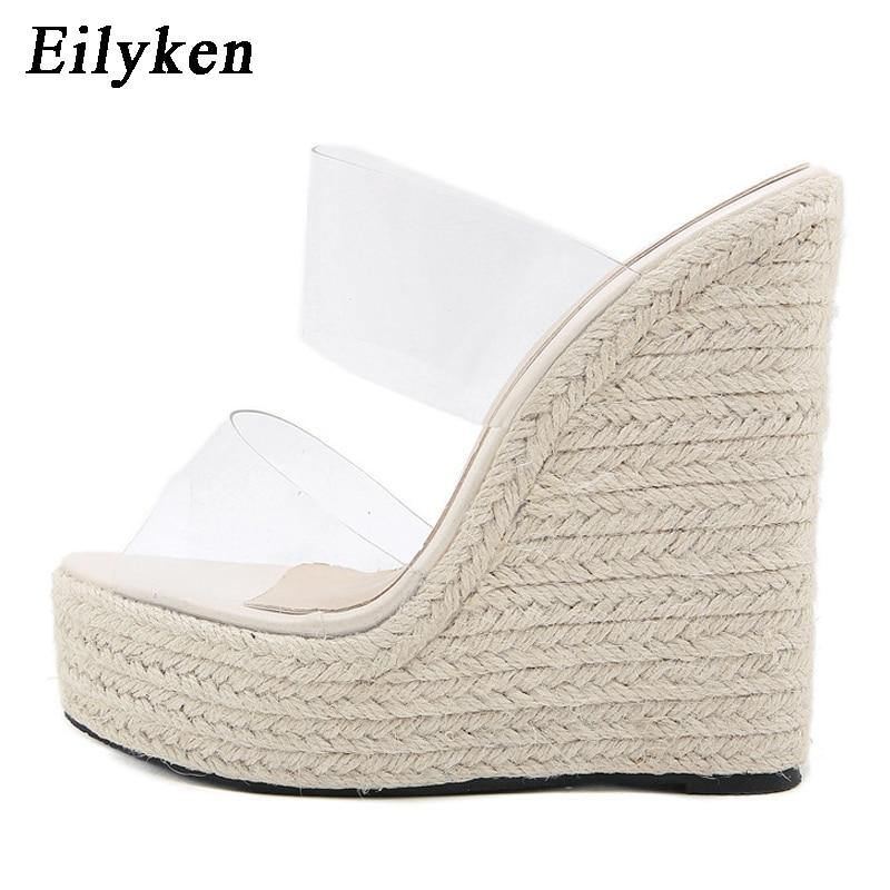 Sommer Pvc Transparent Peep Toe Stokke Halm Vævet Platform Kiler Hjemmesko Sandaler Kvinder Mode Højhælede Damesko