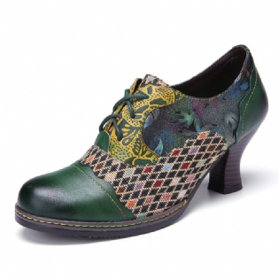 Vintage Læder Blomster Plaid Splejsning Lace-up Grøn Chunky Heel Pumps