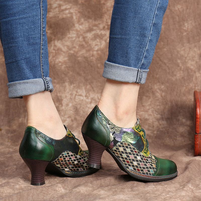 Vintage Læder Blomster Plaid Splejsning Lace-up Grøn Chunky Heel Pumps