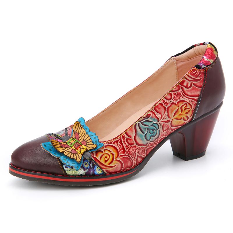 Vintage Sommerfugleprægede Blomsterlæder Splejsningssting Slip-on Chunky Heel Pumps