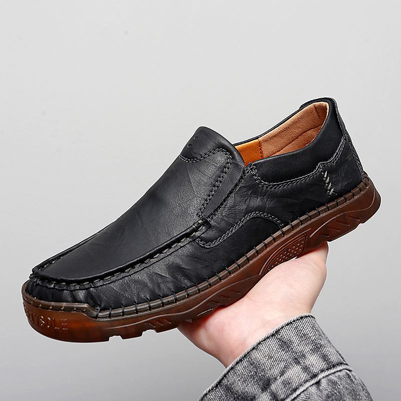 Mænd Koskind Åndbar Håndsyning Blød Sål Slip On Solid Casual Loafer Sko