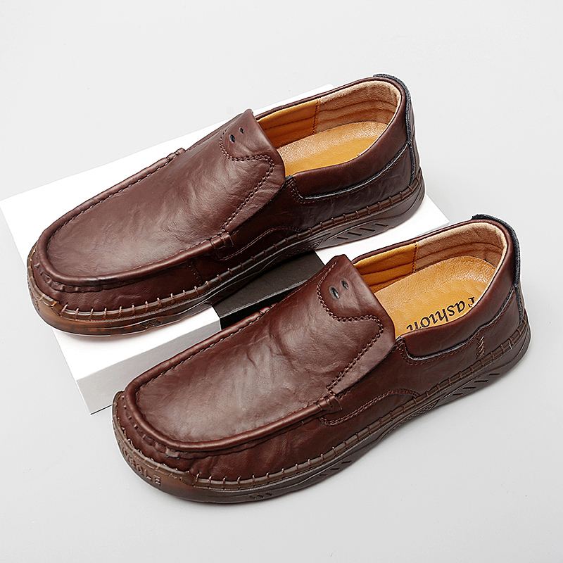 Mænd Koskind Åndbar Håndsyning Blød Sål Slip On Solid Casual Loafer Sko