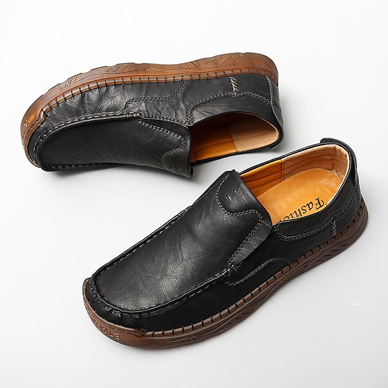 Mænd Koskind Åndbar Håndsyning Blød Sål Slip On Solid Casual Loafer Sko