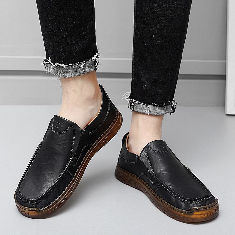 Mænd Koskind Åndbar Håndsyning Blød Sål Slip On Solid Casual Loafer Sko