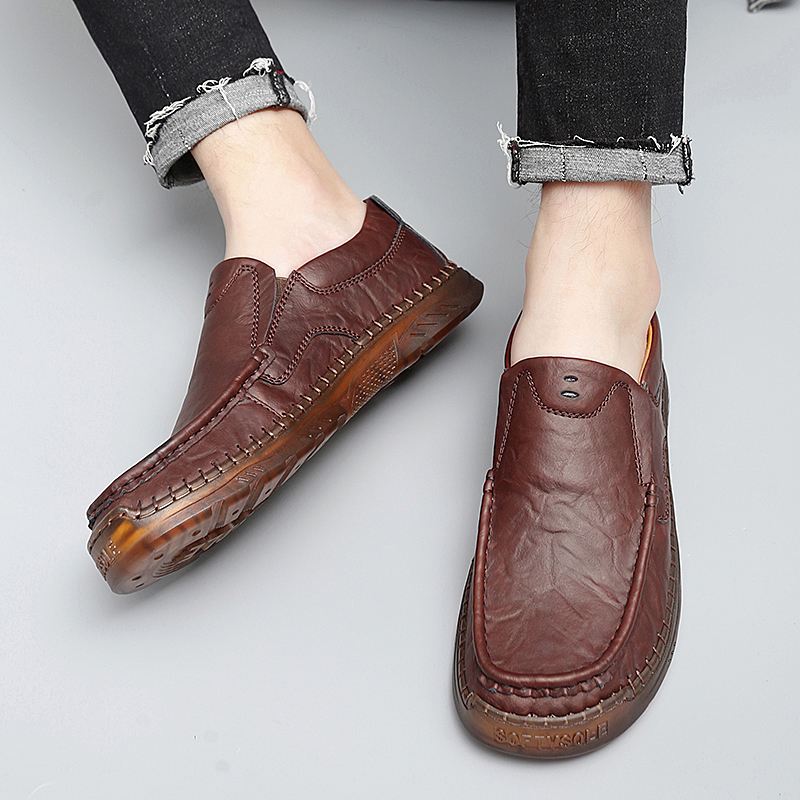 Mænd Koskind Åndbar Håndsyning Blød Sål Slip On Solid Casual Loafer Sko