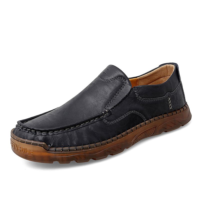 Mænd Koskind Åndbar Håndsyning Blød Sål Slip On Solid Casual Loafer Sko