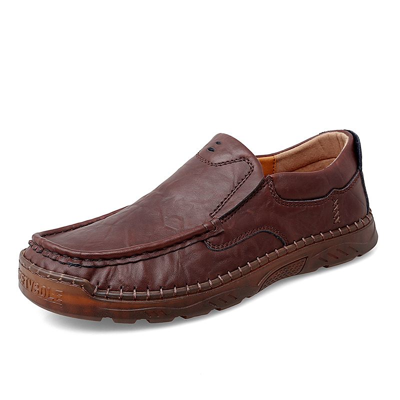 Mænd Koskind Åndbar Håndsyning Blød Sål Slip On Solid Casual Loafer Sko