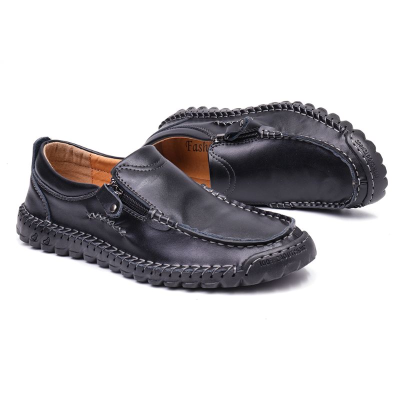 Mænd Læder Hånd Syninger Skridsikre Side Lynlås Casual Flats