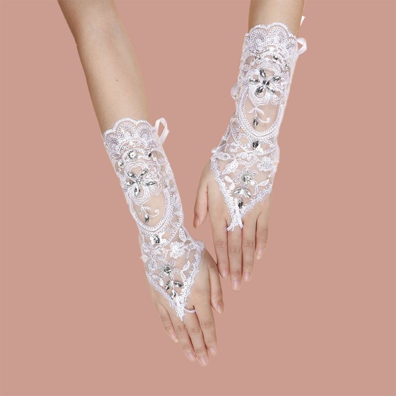 Kvinder Blondeblomster Med Rhinestone Bandage Split Finger Handsker Mid-længde Wild Mesh Åndbar Solbeskyttelsesærmer