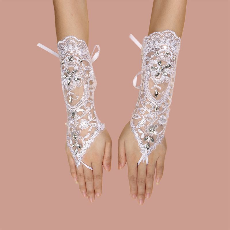 Kvinder Blondeblomster Med Rhinestone Bandage Split Finger Handsker Mid-længde Wild Mesh Åndbar Solbeskyttelsesærmer