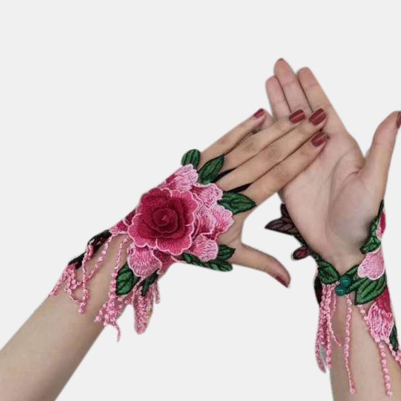 Kvinder Etnisk Broderi Hallow Armbånd Mode Blomster Halv Cover Finger Kvast Handsker