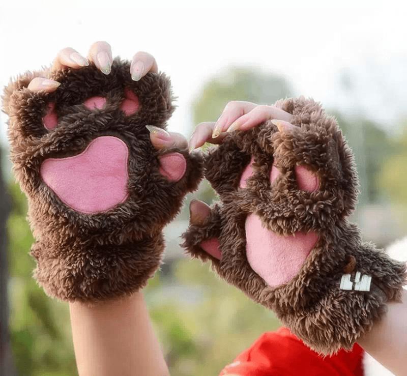 Kvinder Piger Fluffy Plys Bjørn Kat Paw Fingerløse Handsker Paw Glove Vintervarme Vanter