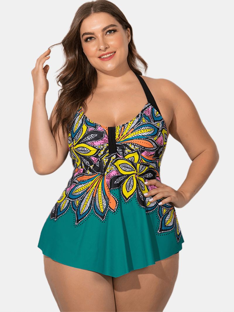 Plus Size Etnisk Grime Trykt Dæksel Belly Swimdress Badetøj