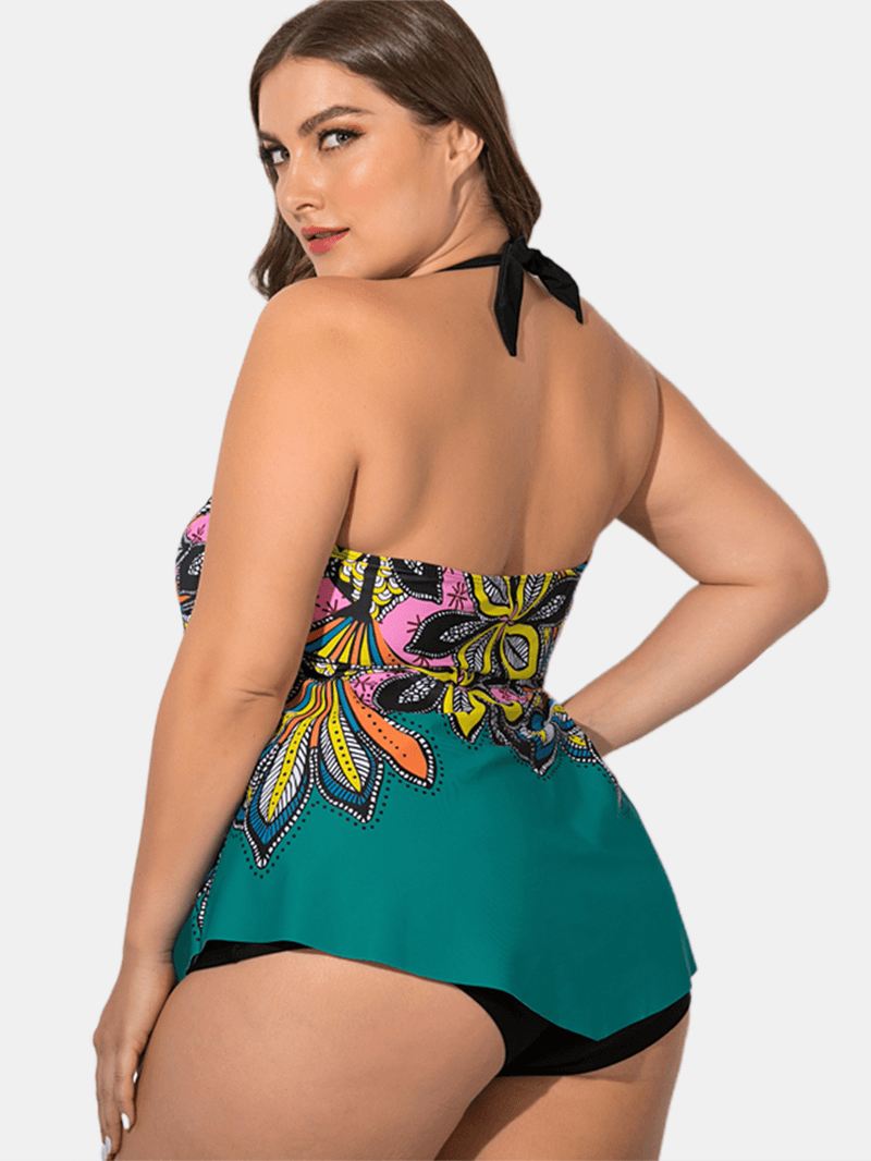 Plus Size Etnisk Grime Trykt Dæksel Belly Swimdress Badetøj