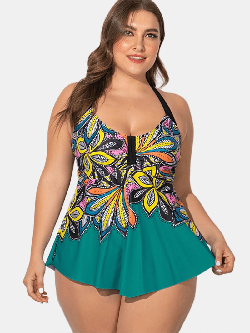 Plus Size Etnisk Grime Trykt Dæksel Belly Swimdress Badetøj