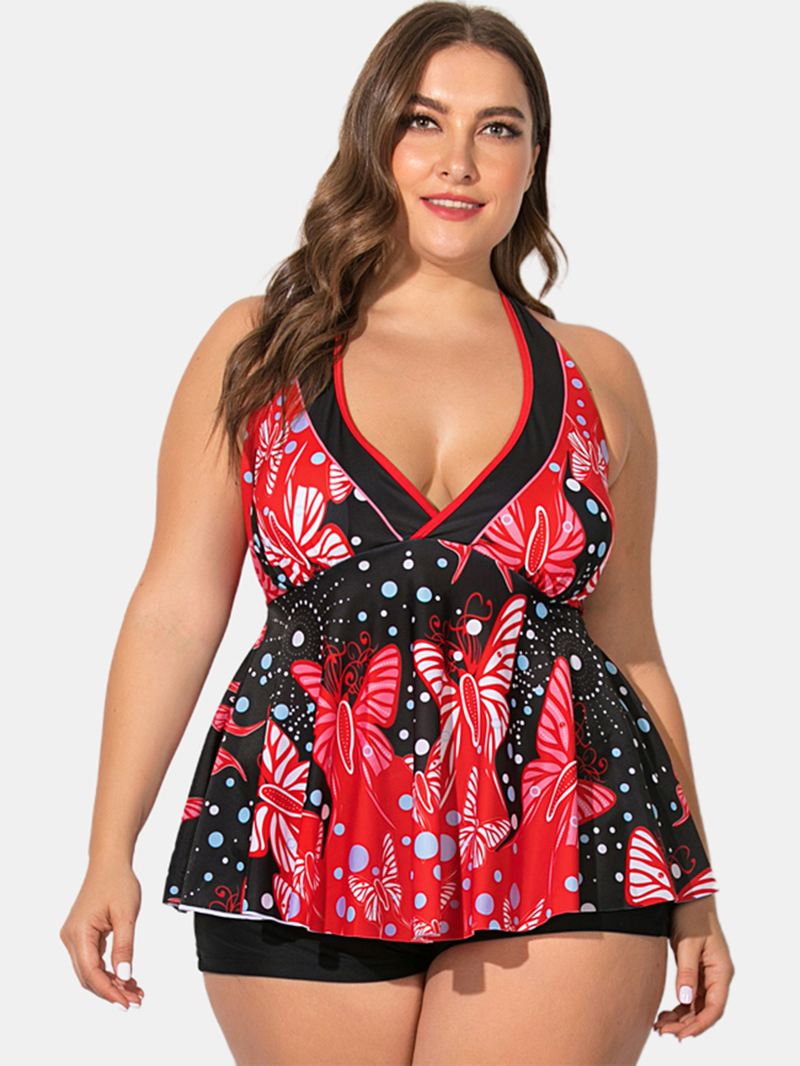 Plus Size Kvinder Badedragt Halter String Blomsterprint V-hals Rygløs Swimdress