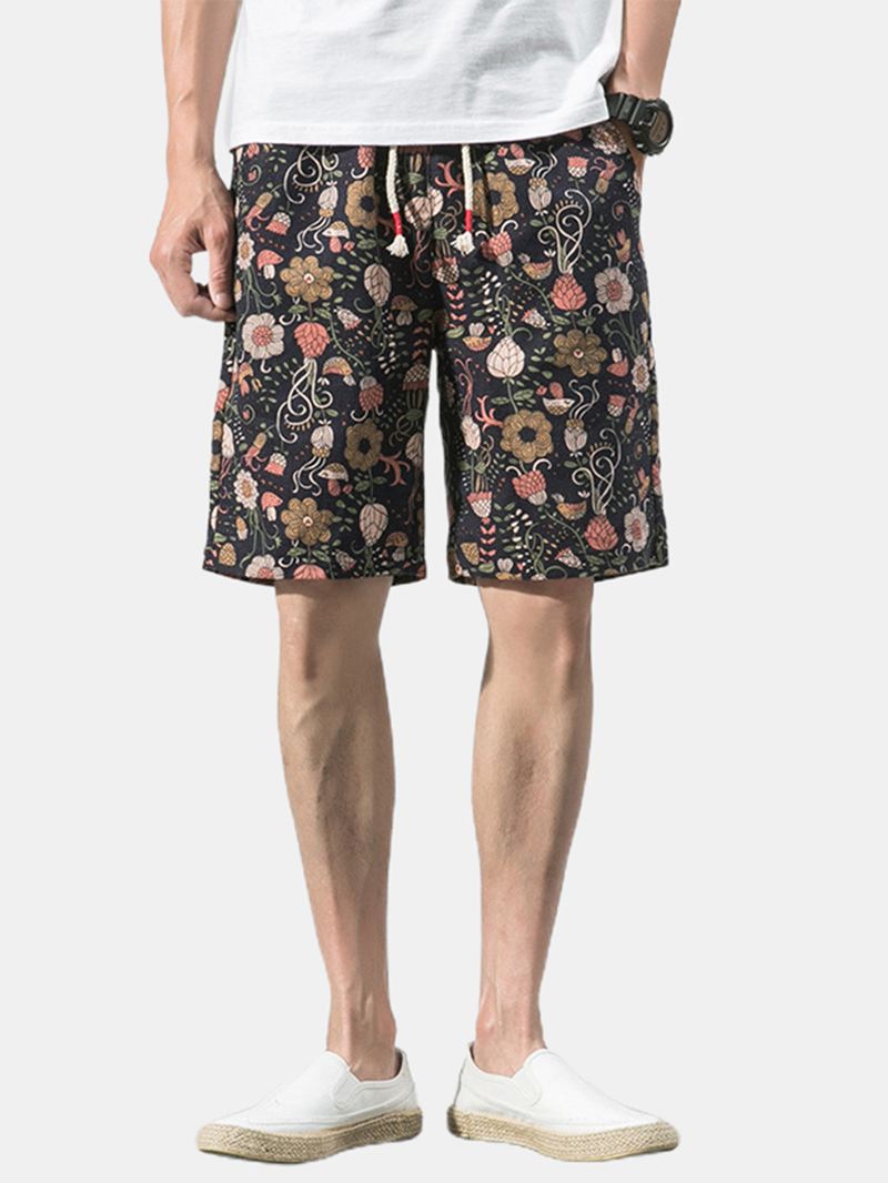 Bomuld Herre Blomsterprint Lomme Snøre Casual Shorts