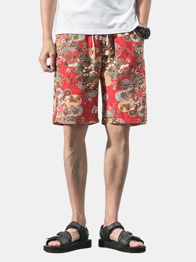 Bomuld Herre Blomsterprint Lomme Snøre Casual Shorts