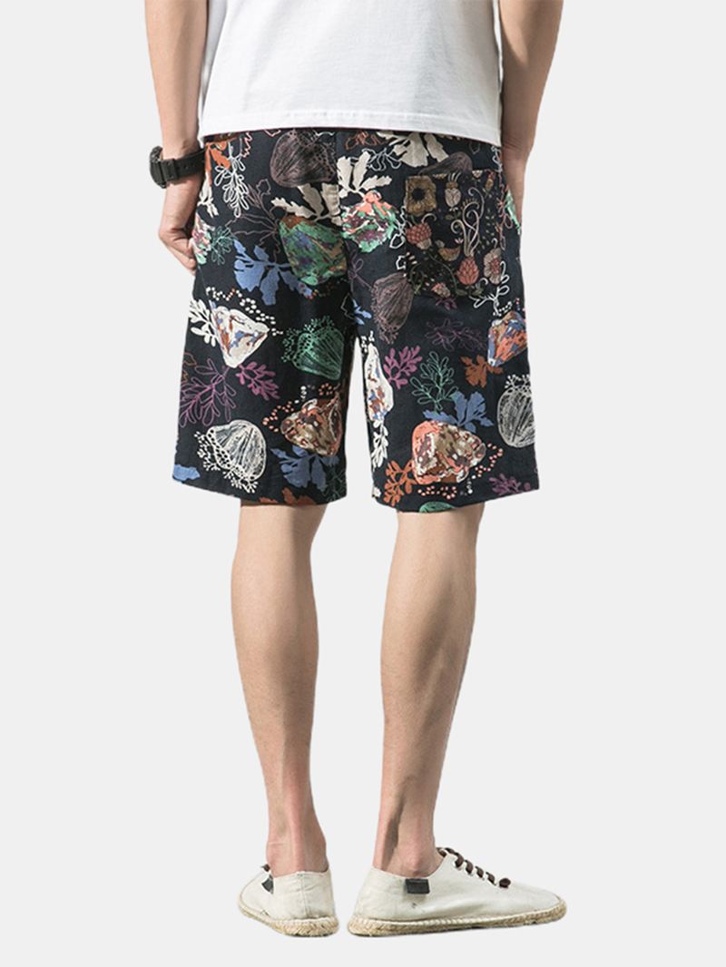 Bomuld Herre Blomsterprint Lomme Snøre Casual Shorts