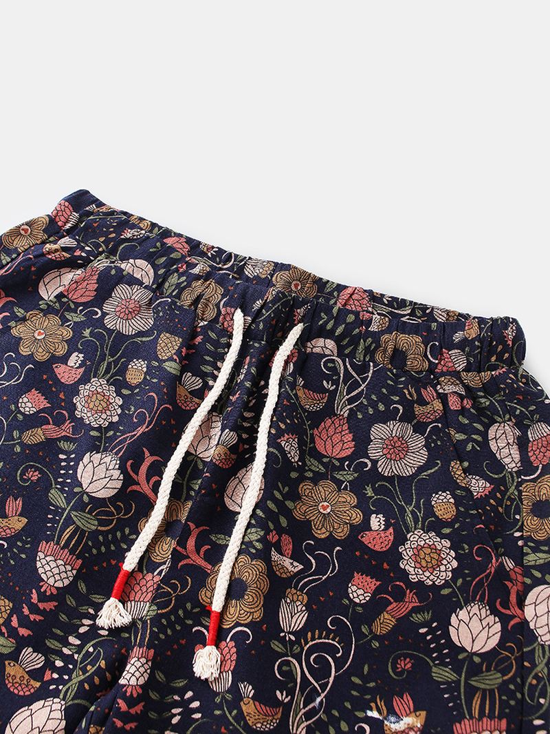 Bomuld Herre Blomsterprint Lomme Snøre Casual Shorts