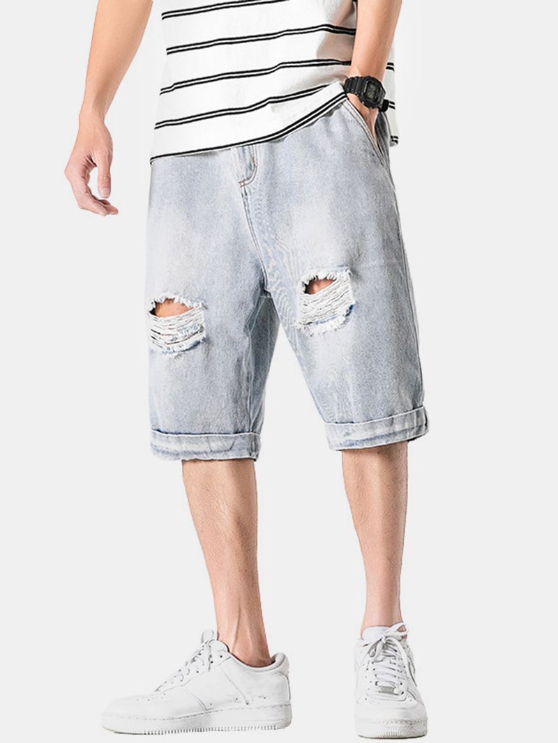 Denimshorts Med Afslappet Huldesign Til Mænd