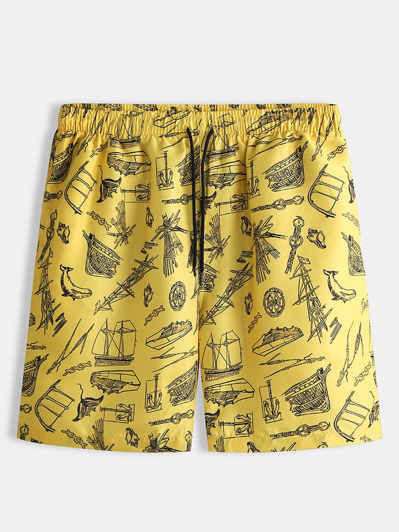 Herre Beach Sea Boat Pattern Digital Printing Børstet Løse Shorts Bukser