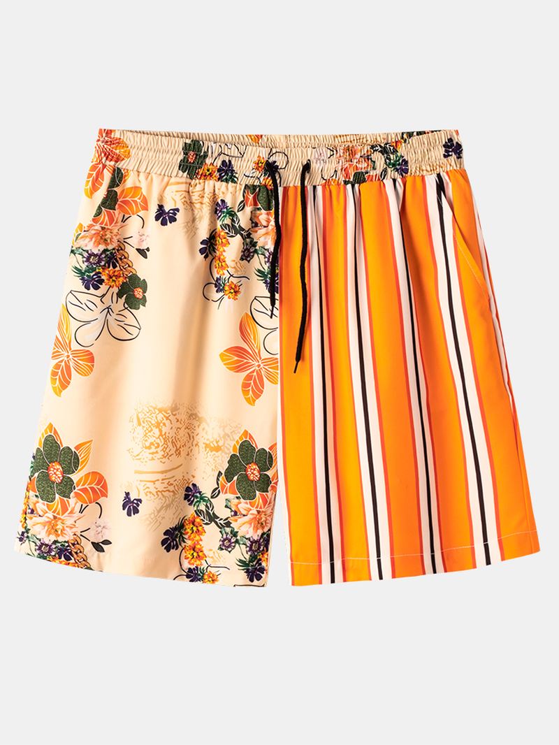 Herre Stribet Blomsterprint Patchwork Causla-shorts Med Snoretræk