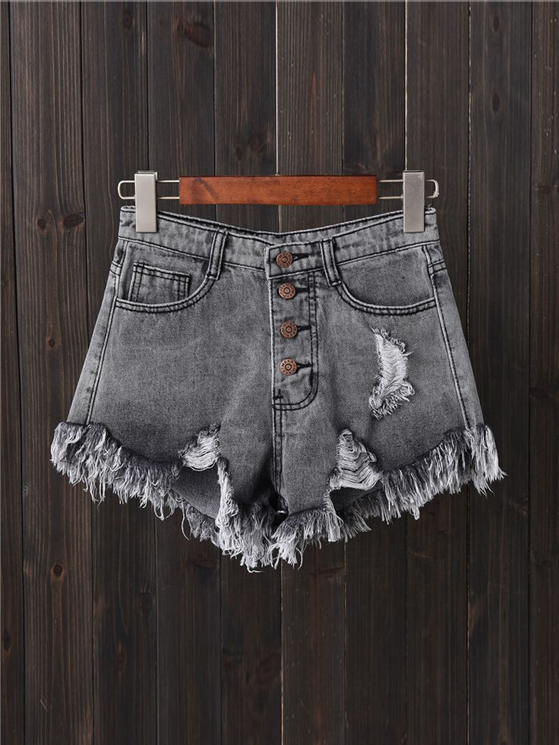 Kvinder Button Up Pocket Loose Hollow Ripped Denim Shorts