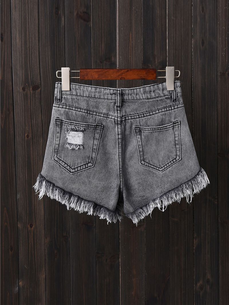 Kvinder Button Up Pocket Loose Hollow Ripped Denim Shorts