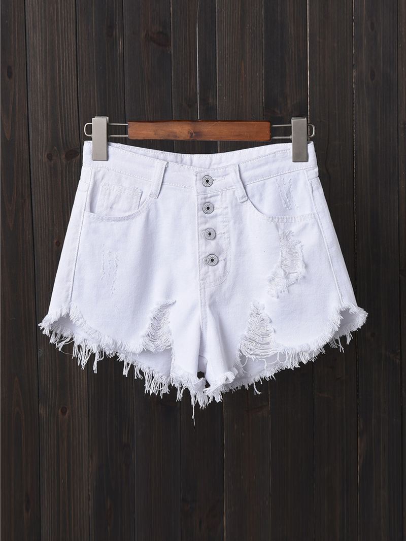 Kvinder Button Up Pocket Loose Hollow Ripped Denim Shorts