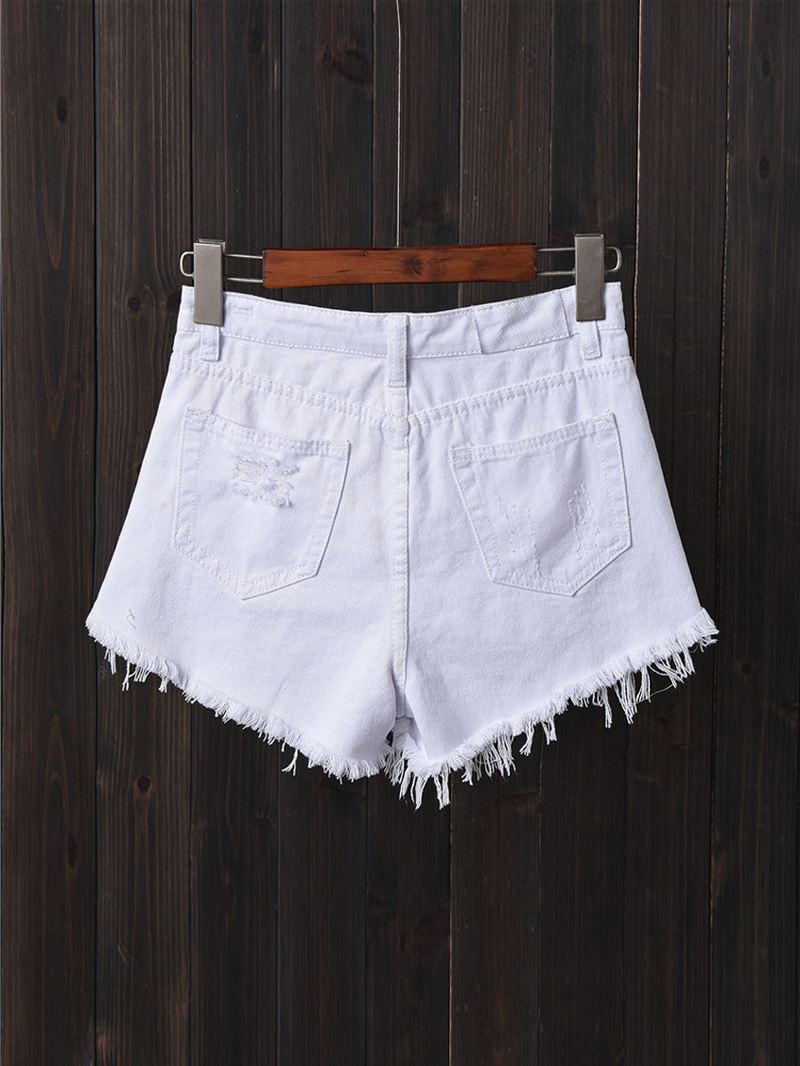 Kvinder Button Up Pocket Loose Hollow Ripped Denim Shorts