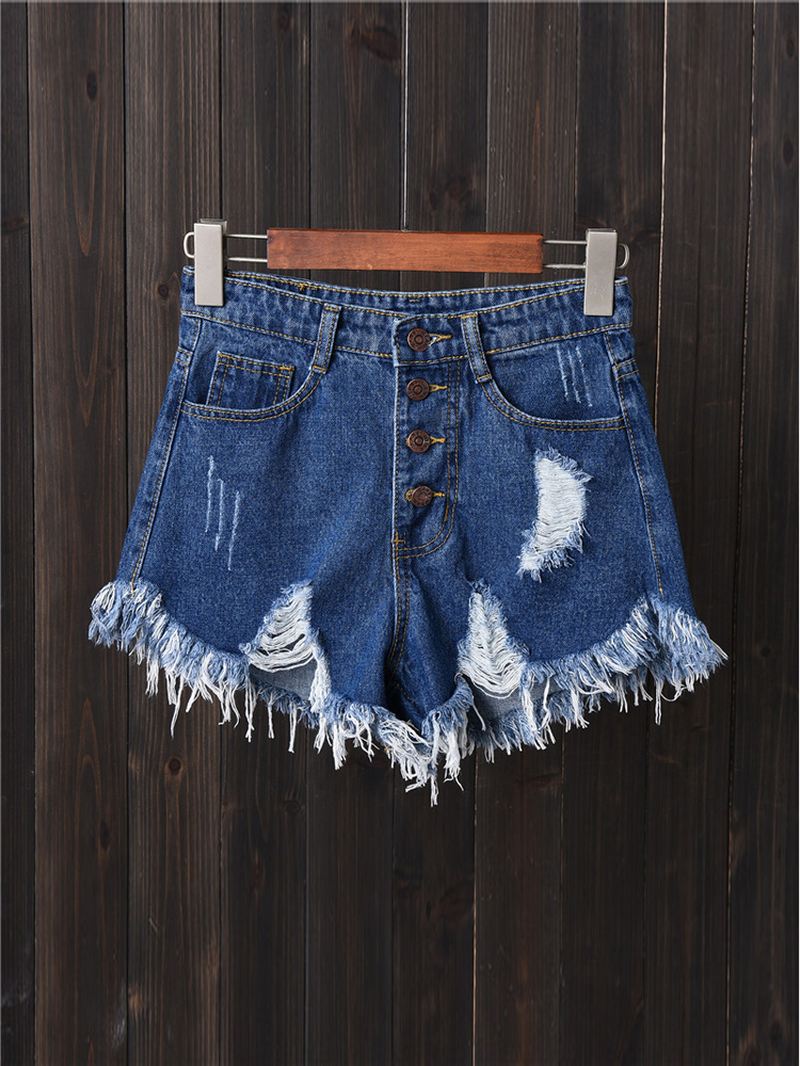 Kvinder Button Up Pocket Loose Hollow Ripped Denim Shorts