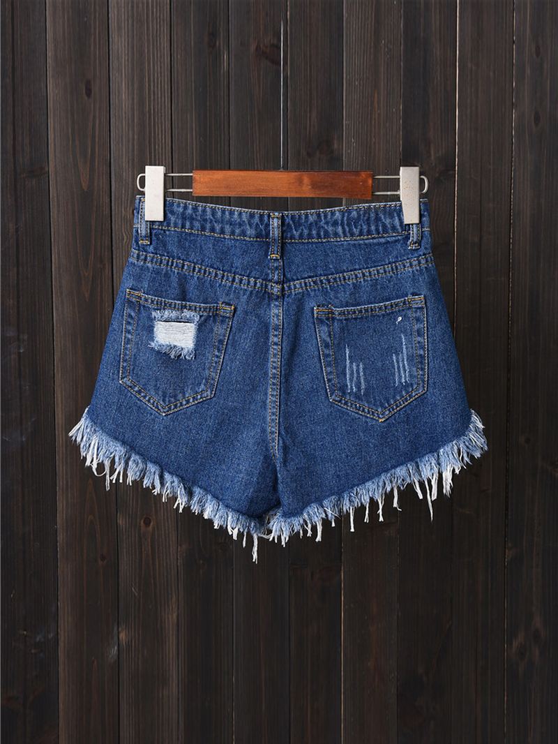 Kvinder Button Up Pocket Loose Hollow Ripped Denim Shorts