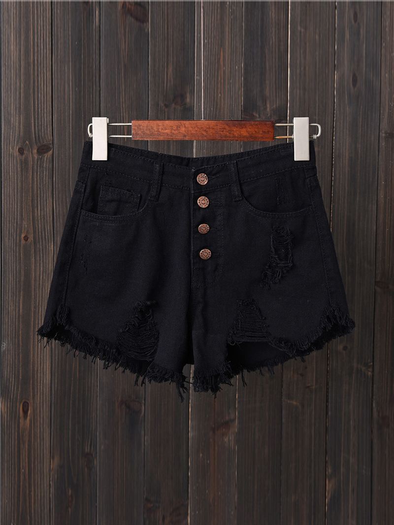 Kvinder Button Up Pocket Loose Hollow Ripped Denim Shorts