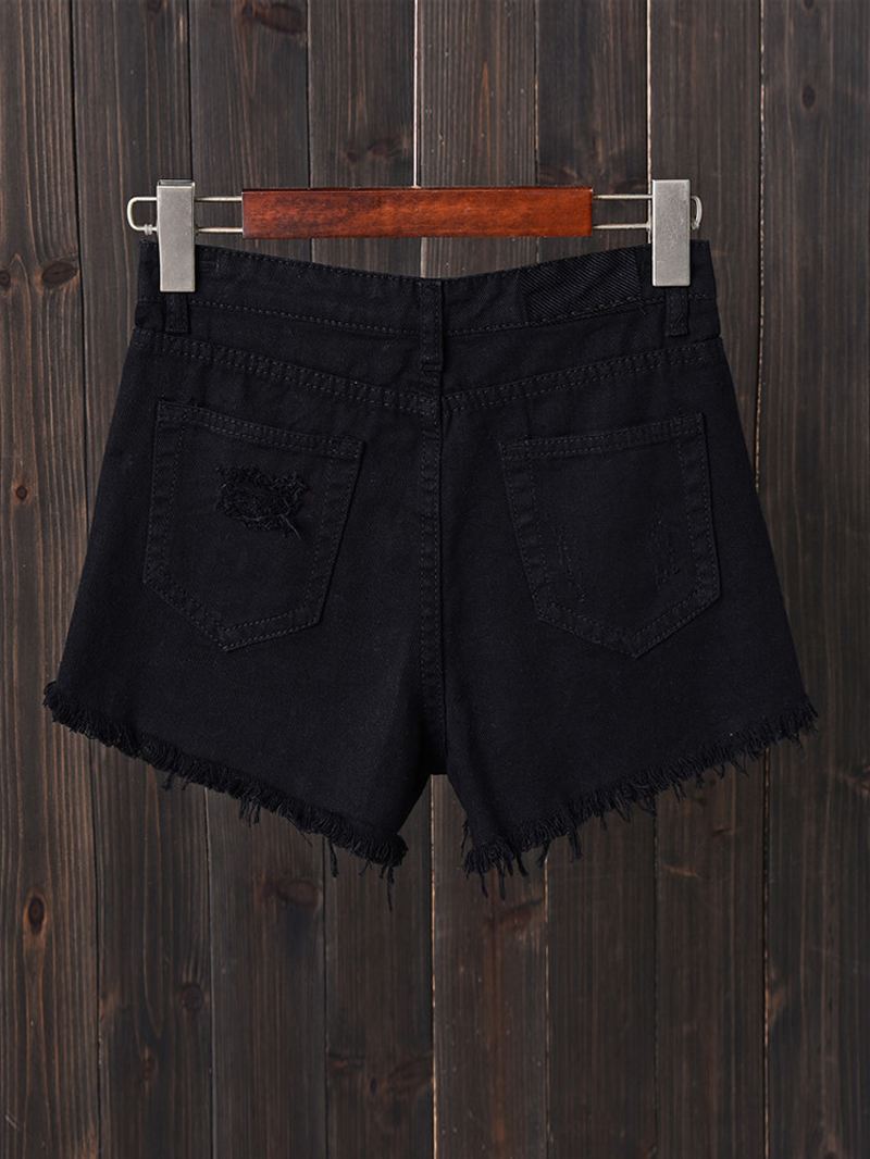 Kvinder Button Up Pocket Loose Hollow Ripped Denim Shorts