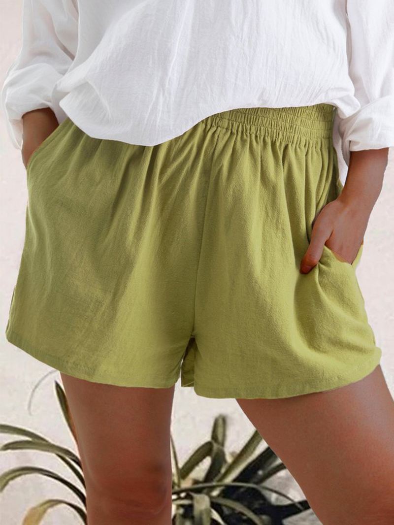 Kvinder Casual Ensfarvede Elastiske Taljelommeshorts