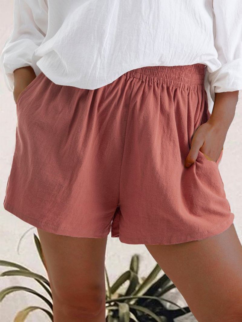 Kvinder Casual Ensfarvede Elastiske Taljelommeshorts