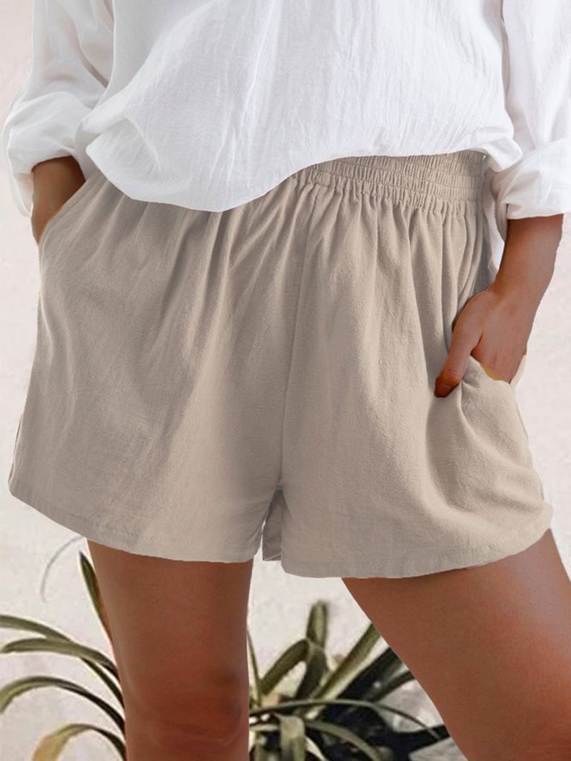 Kvinder Casual Ensfarvede Elastiske Taljelommeshorts