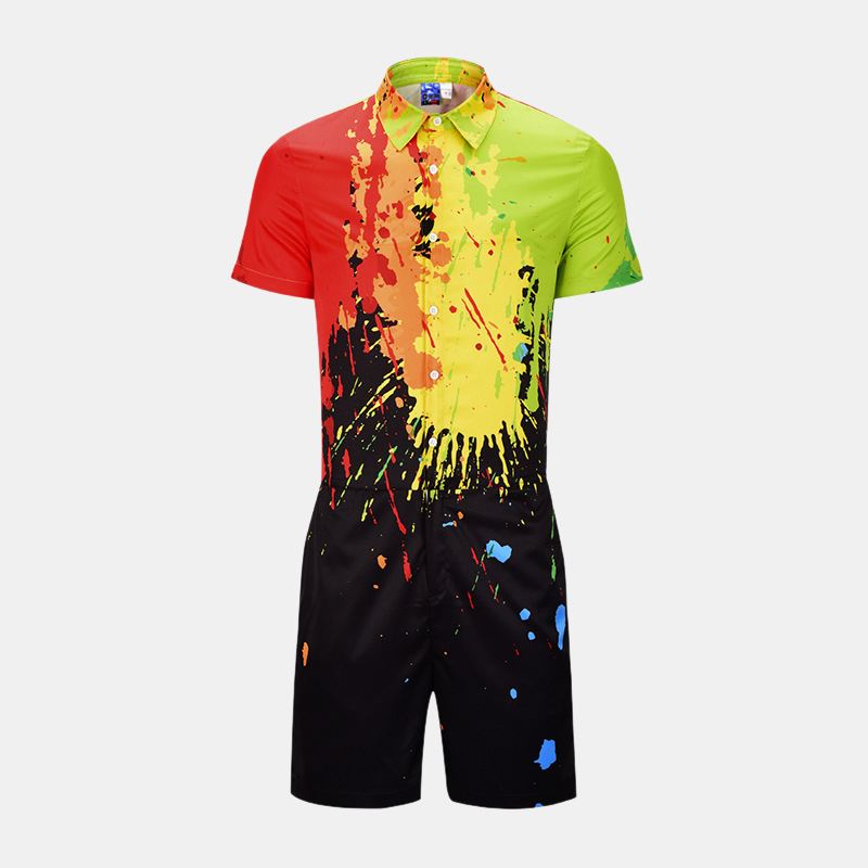 Mænd Splash Ink Printet Kortærmet Jumpsuit